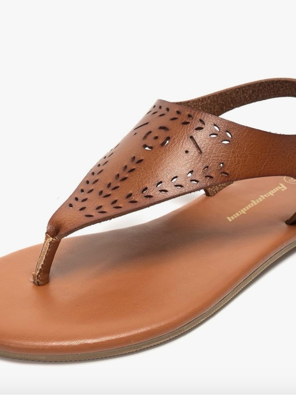 Women's Brown Laser-Cut Leather T-Strap Sandals